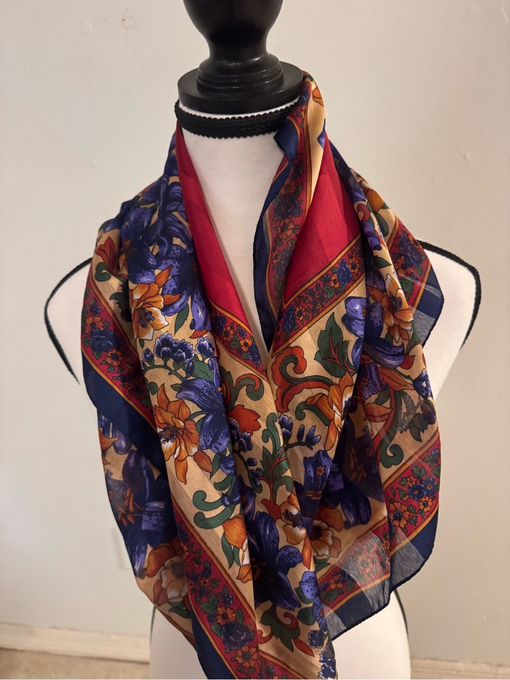 Vtg Italian Floral Silk-Feel Square Scarf in Navy, Gold & Red